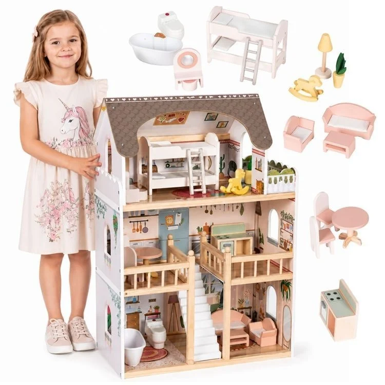 Drvena trospratna kućica za lutke Laura, sa 15 komada namještaja – ECOTOYS